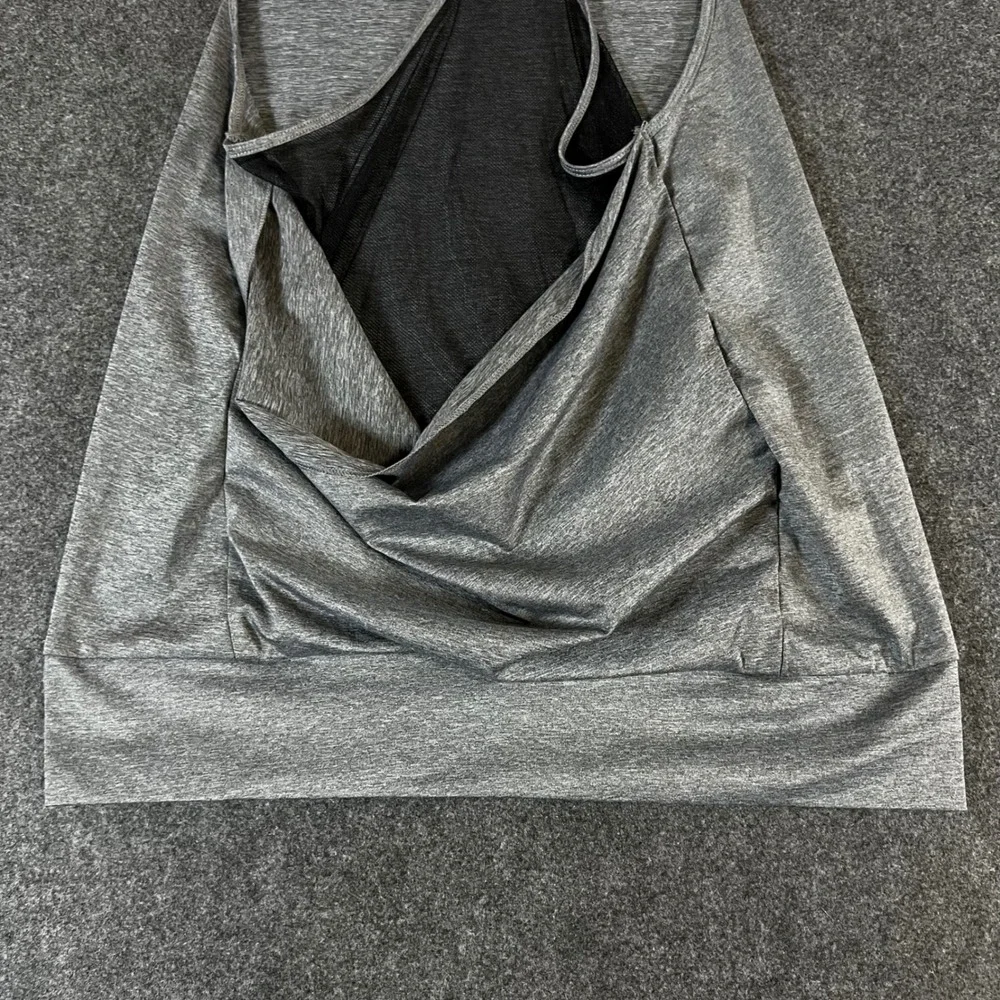 Alo Yoga Womens Gray Heathered Open Draped Mesh Back Racerback Tank Top
